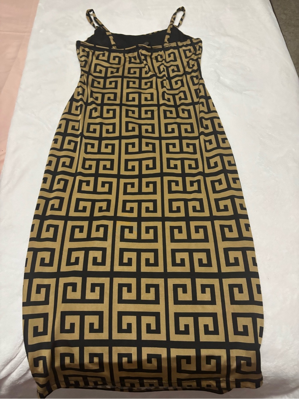 Spaghetti-Strap Midi Dress in Black & Tan Geometric